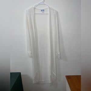 Elegant White Lace Trim Long Cardigan